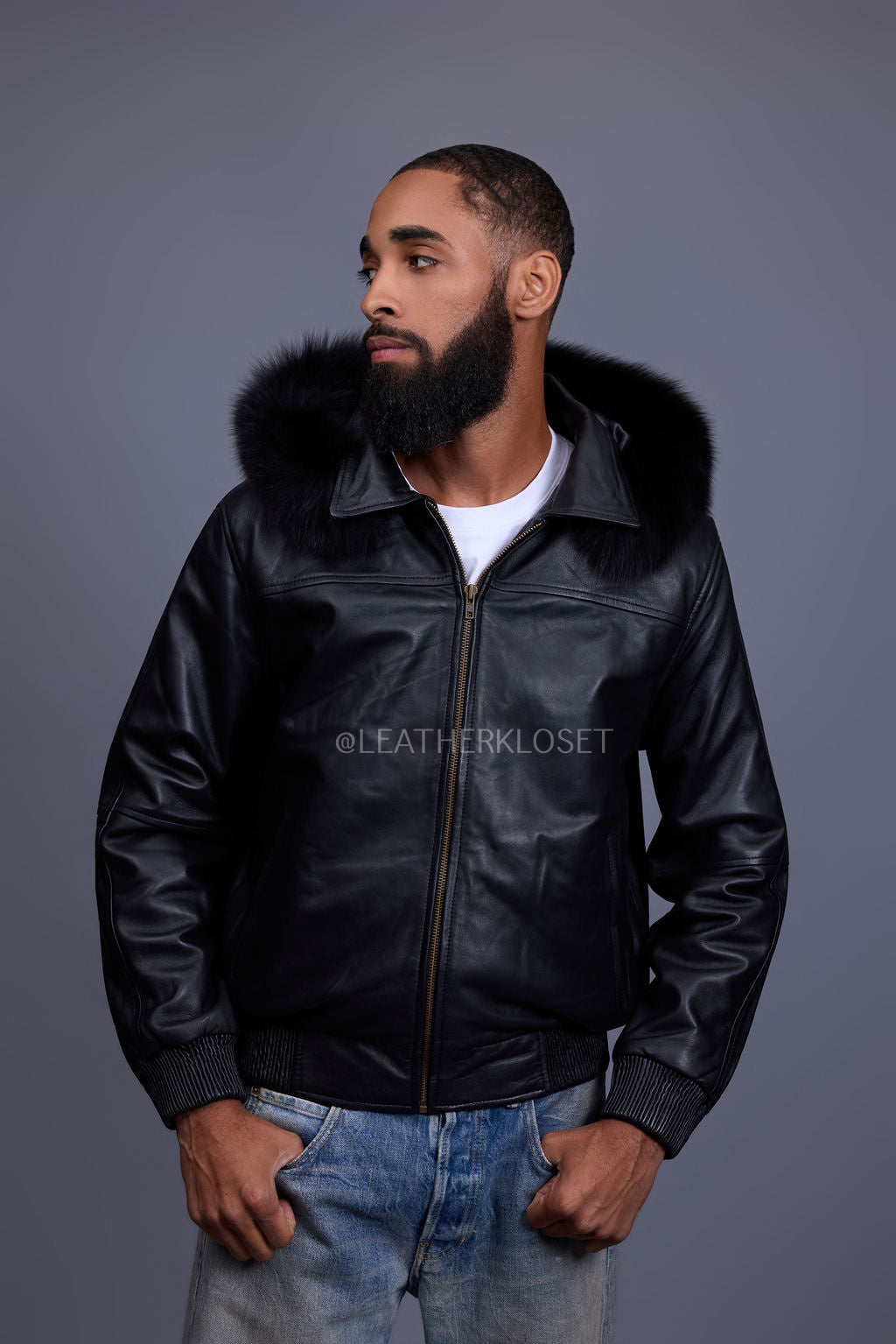 Men's Classic Baseball Jacket With Fox Hood [Black/Black Fox]