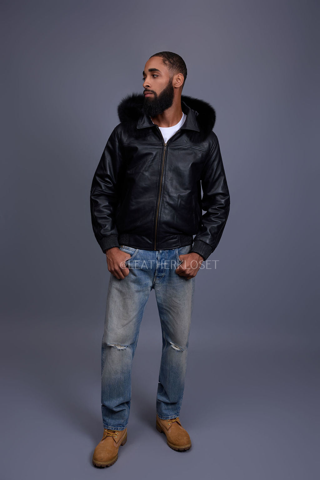 Men's Classic Baseball Jacket With Fox Hood [Black/Black Fox]