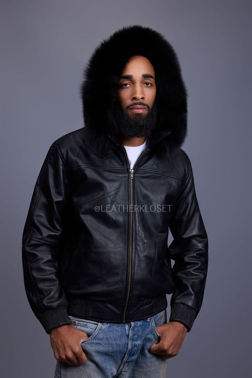 Men's Classic Baseball Jacket With Fox Hood [Black/Black Fox]