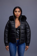 Women's Leather Snorkel Bomber Jacket [Black]