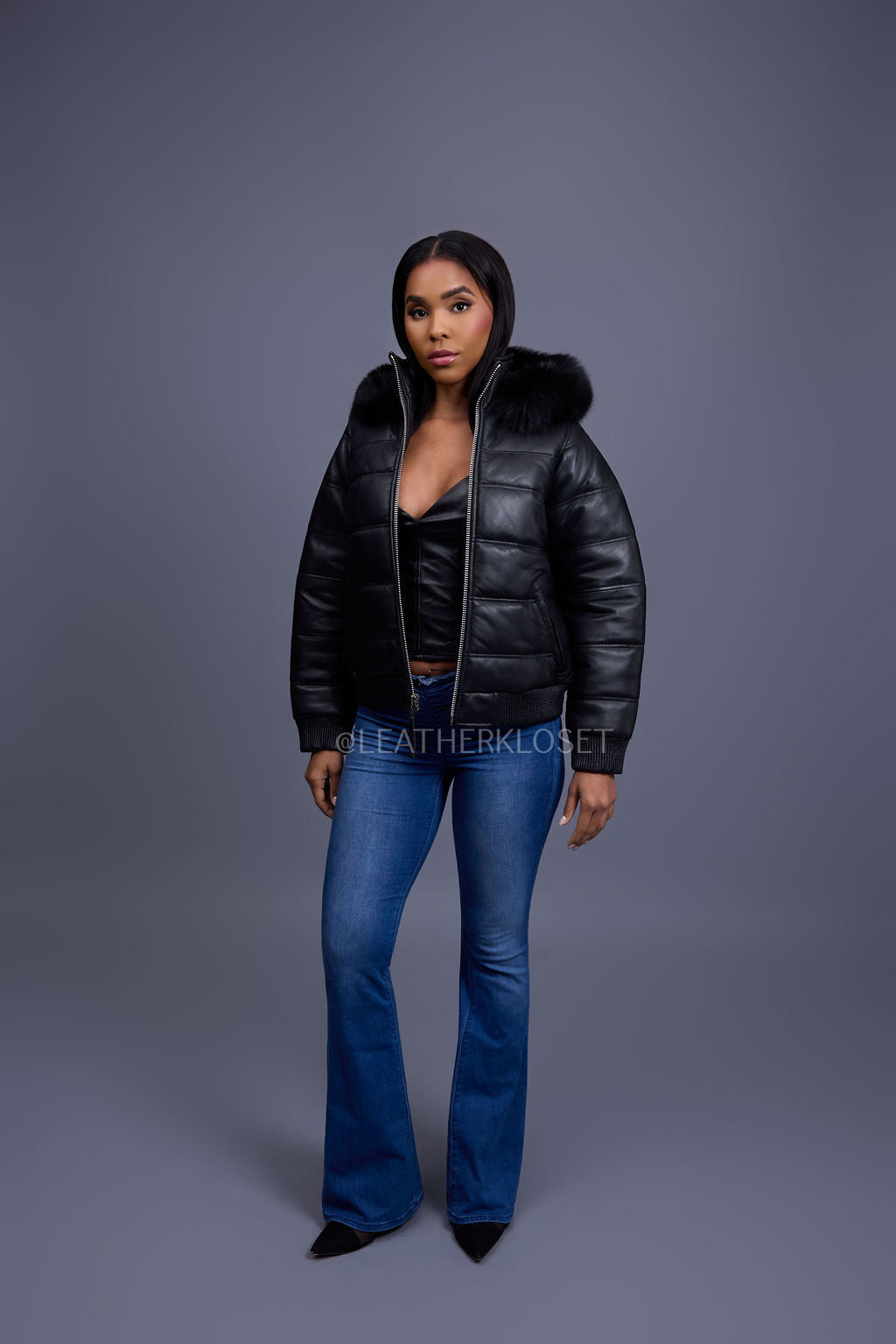Women's Leather Snorkel Bomber Jacket [Black]