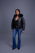 Women's Leather Snorkel Bomber Jacket [Black]