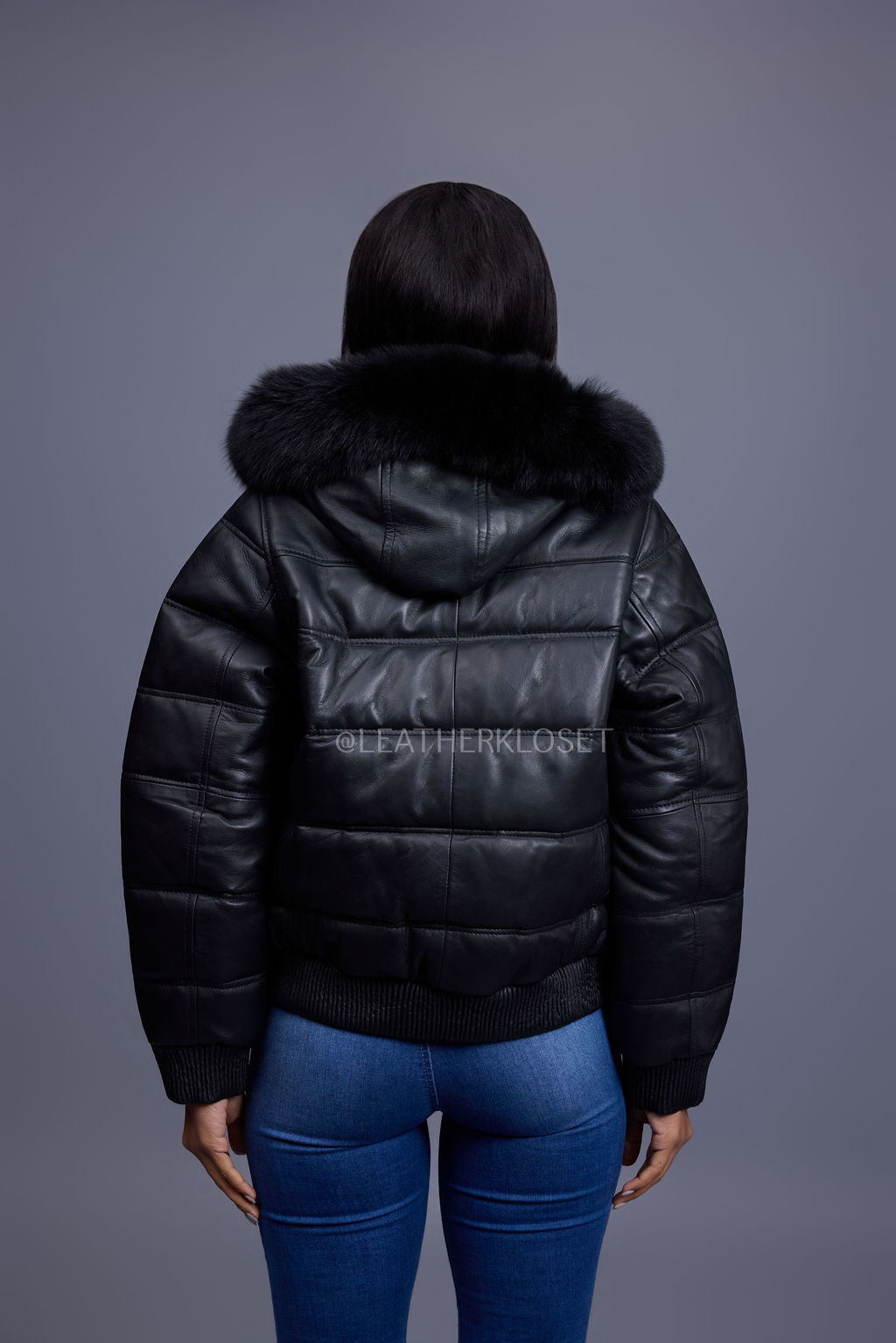 Women's Leather Snorkel Bomber Jacket [Black]