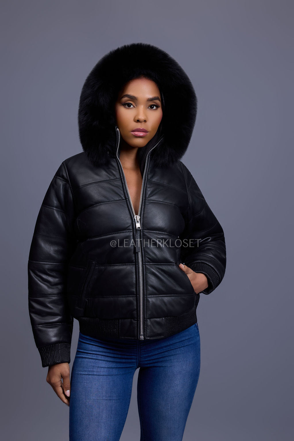 Women's Leather Snorkel Bomber Jacket [Black]