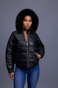 Women's Leather Snorkel Bomber Jacket [Black]