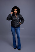 Women's Leather Snorkel Bomber Jacket [Black]
