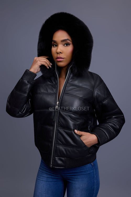 Women's Leather Snorkel Bomber Jacket [Black]