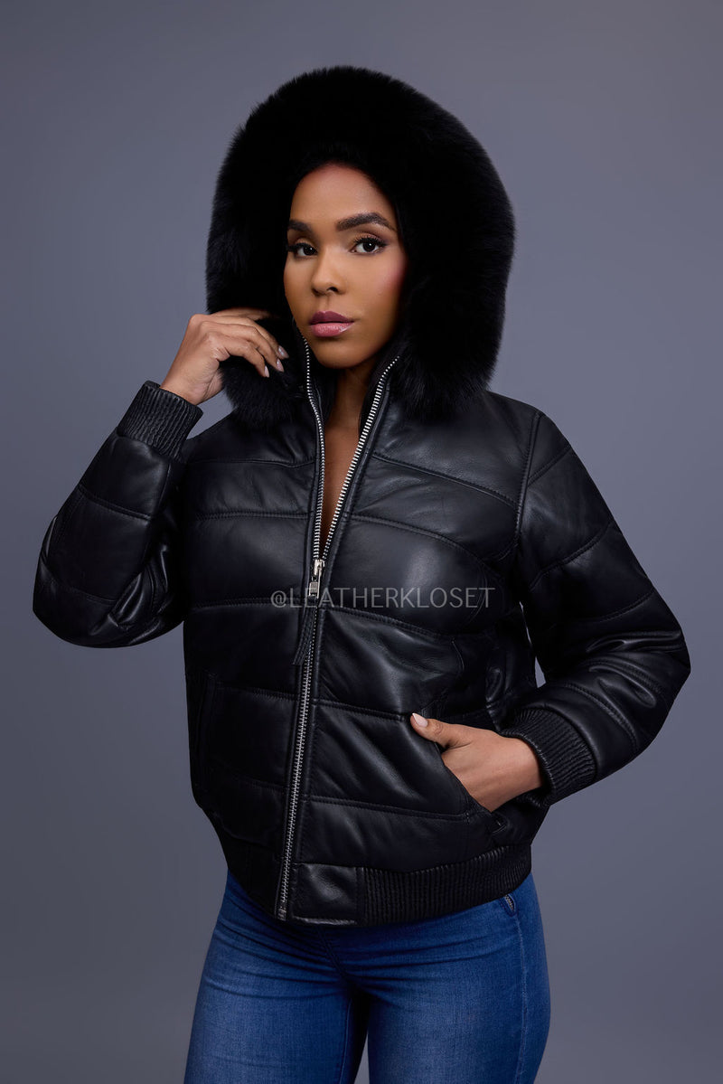 Women's Leather Snorkel Bomber Jacket [Black]