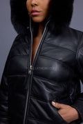 Women's Leather Snorkel Bomber Jacket [Black]