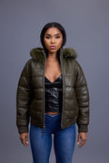 Women's Leather Snorkel Bomber Jacket Premium Fox Fur Hood [Olive/Olive Fox]
