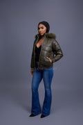 Women's Leather Snorkel Bomber Jacket Premium Fox Fur Hood [Olive/Olive Fox]