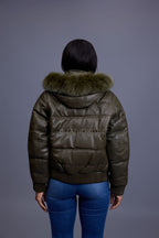 Women's Leather Snorkel Bomber Jacket Premium Fox Fur Hood [Olive/Olive Fox]