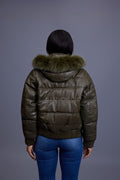Women's Leather Snorkel Bomber Jacket Premium Fox Fur Hood [Olive/Olive Fox]