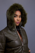 Women's Leather Snorkel Bomber Jacket Premium Fox Fur Hood [Olive/Olive Fox]
