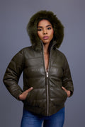 Women's Leather Snorkel Bomber Jacket Premium Fox Fur Hood [Olive/Olive Fox]