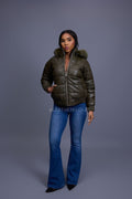 Women's Leather Snorkel Bomber Jacket Premium Fox Fur Hood [Olive/Olive Fox]