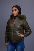 Women's Leather Snorkel Bomber Jacket Premium Fox Fur Hood [Olive/Olive Fox]