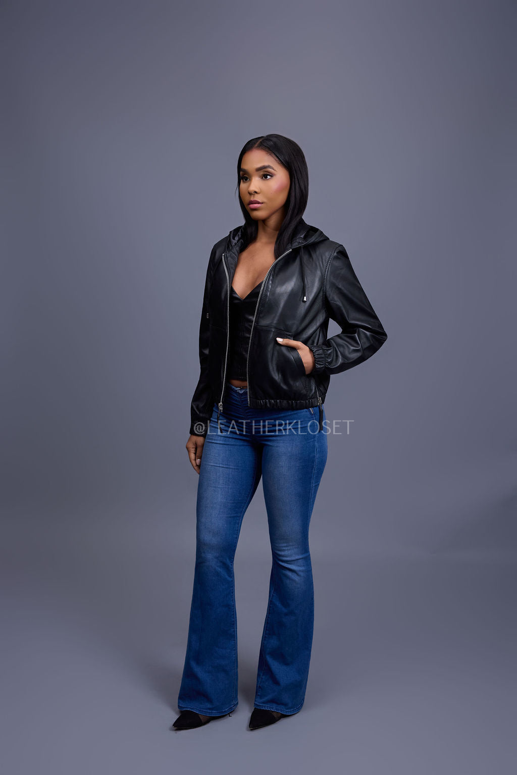 Women's Leather Hoodie [Black]