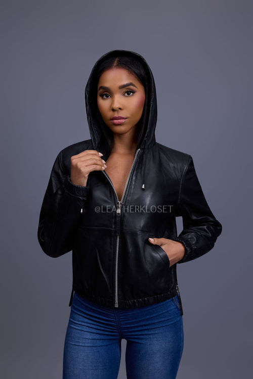 Women's Leather Hoodie [Black]