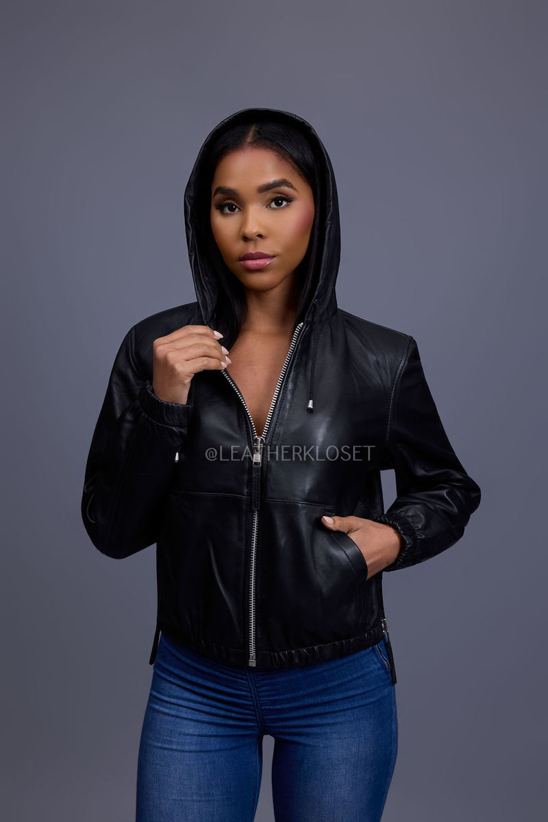 Women's Leather Hoodie [Black]