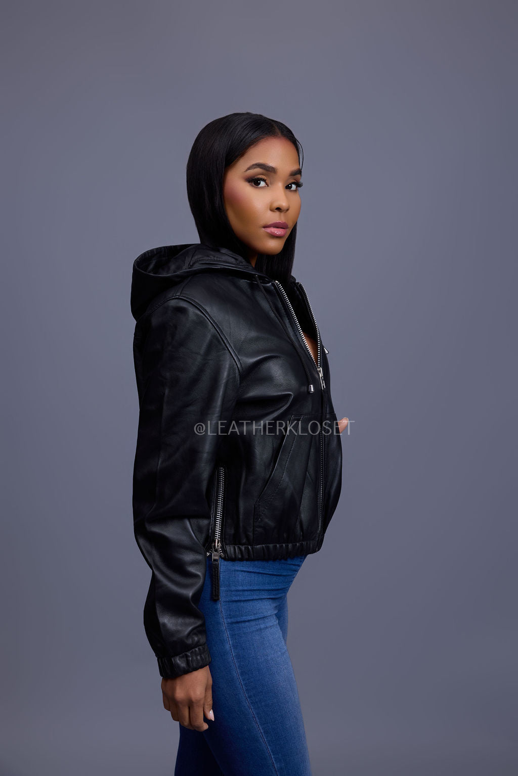 Women's Leather Hoodie [Black]