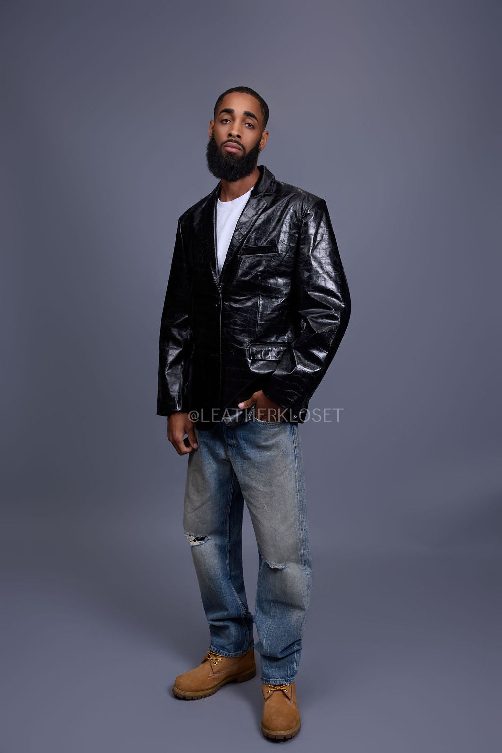 Men's Embossed Crocodile Leather Blazer [Black]