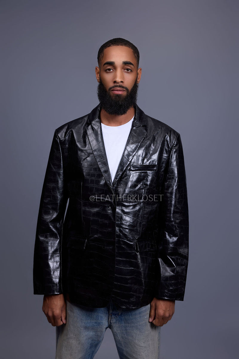 Men's Embossed Crocodile Leather Blazer [Black]