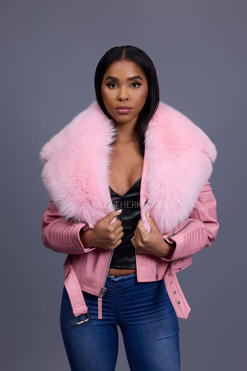 Women's Trey Biker Bubble Pink Oversized Fox Collar [Pink]