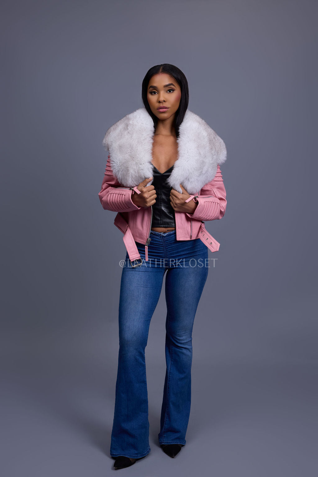 Women's Trey Biker Bubble Pink Oversized Fox Collar [Natural White]