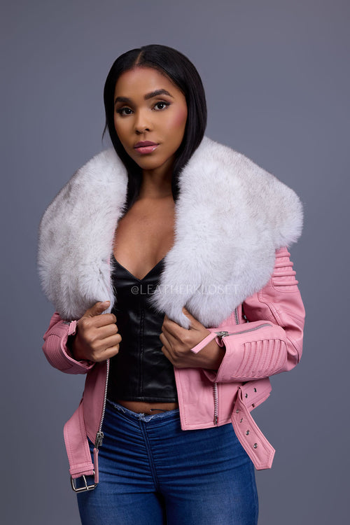 Women's Trey Biker Bubble Pink Oversized Fox Collar [Natural White]
