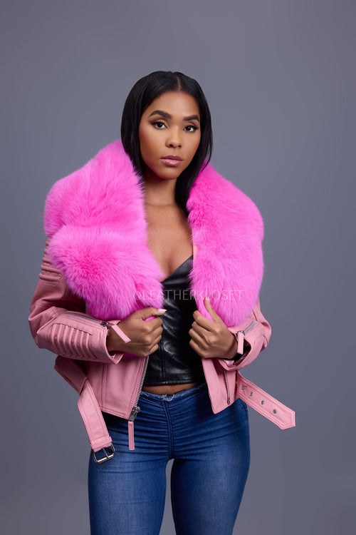Women's Trey Biker Bubble Pink Oversized Fox Collar [Hot Pink]