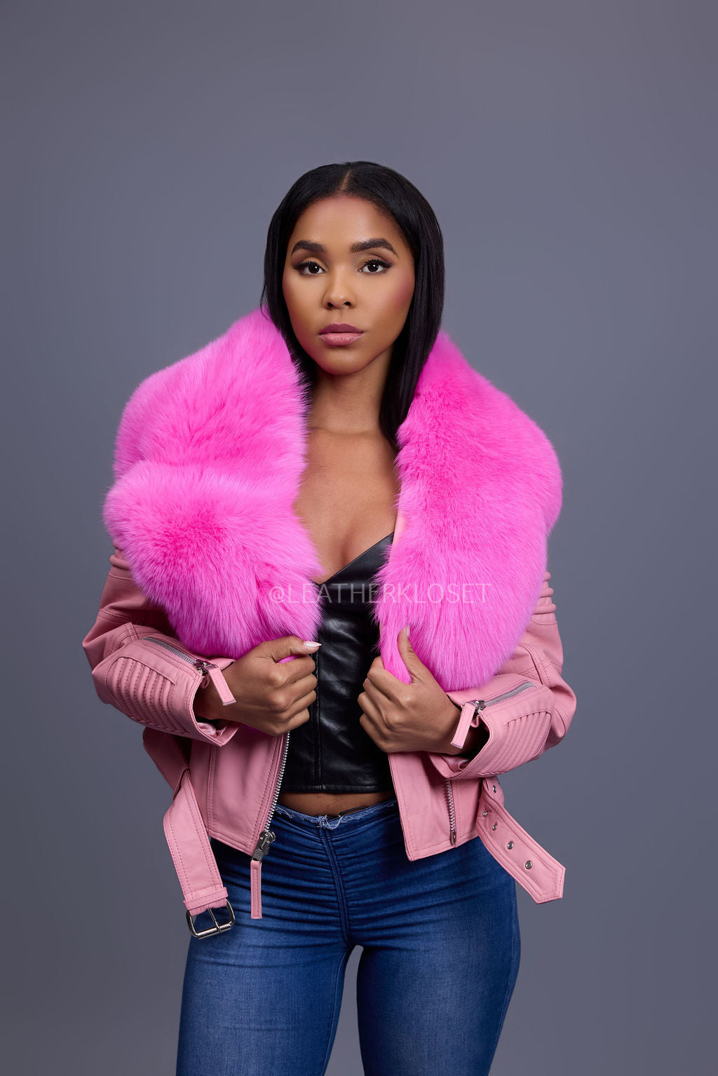 Women's Trey Biker Bubble Pink Oversized Fox Collar [Hot Pink