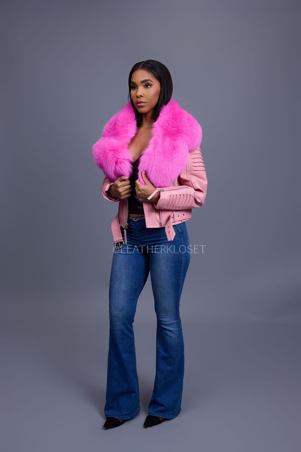 Women's Trey Biker Bubble Pink Oversized Fox Collar [Hot Pink