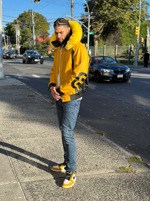 Men's 8 Ball Leather Jacket With Fox Hood [Black/Yellow]