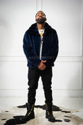 Men's Mink Bomber Jacket With Chinchilla Collar [Navy]