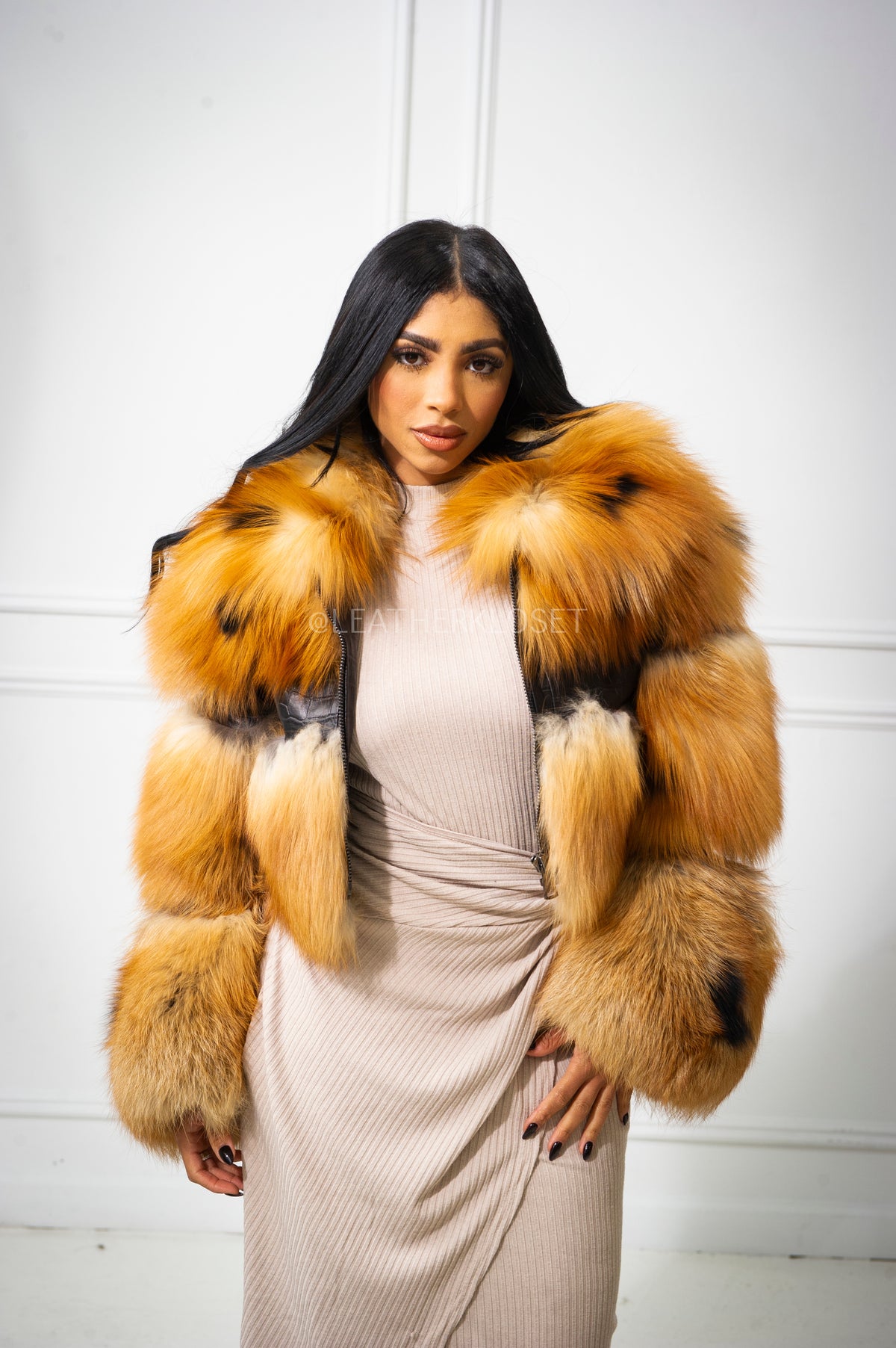 Women's Ariel Leather And Fox Combo Jacket [Black/Gold]