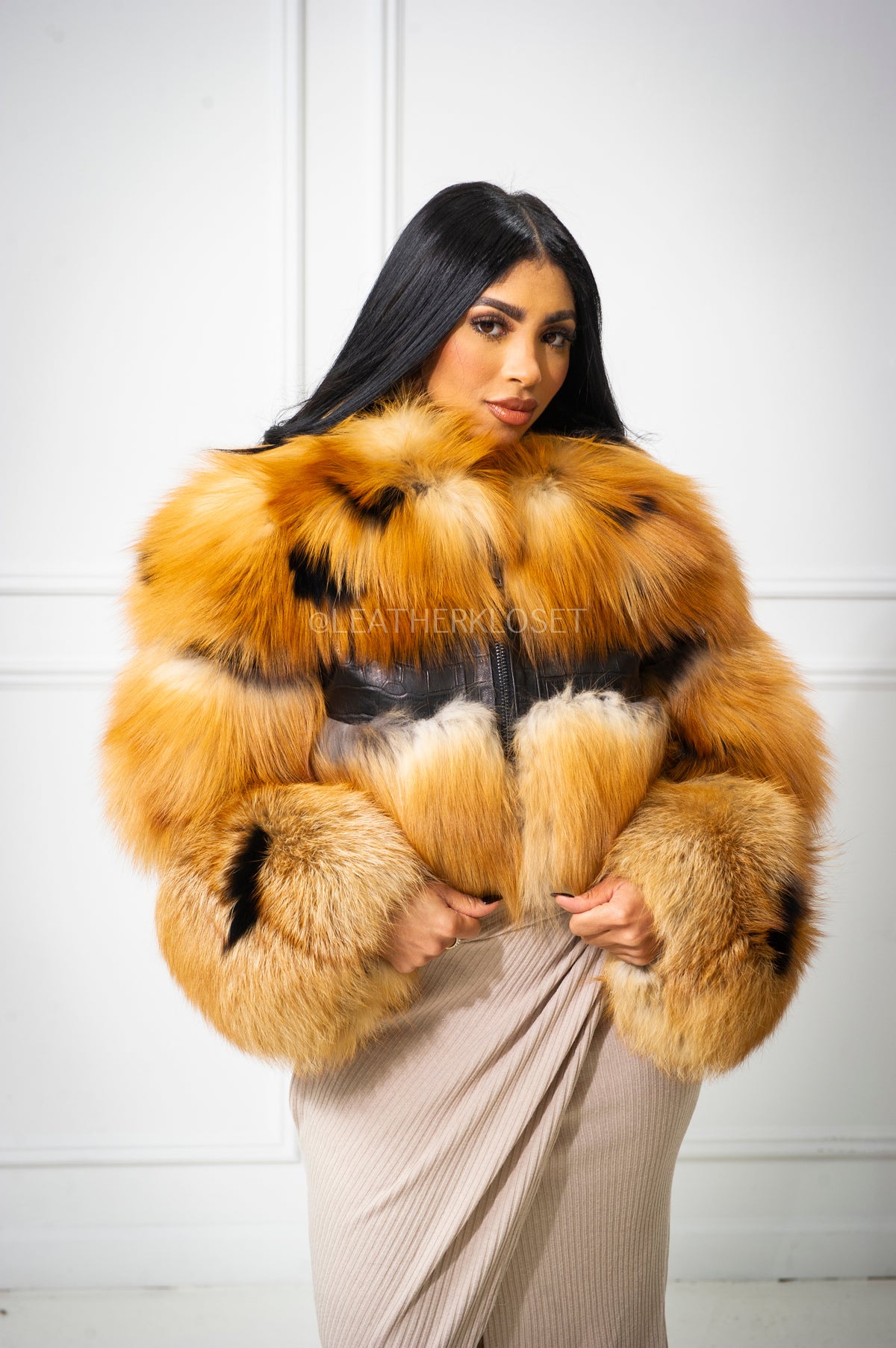 Women's Ariel Leather And Fox Combo Jacket [Black/Gold]