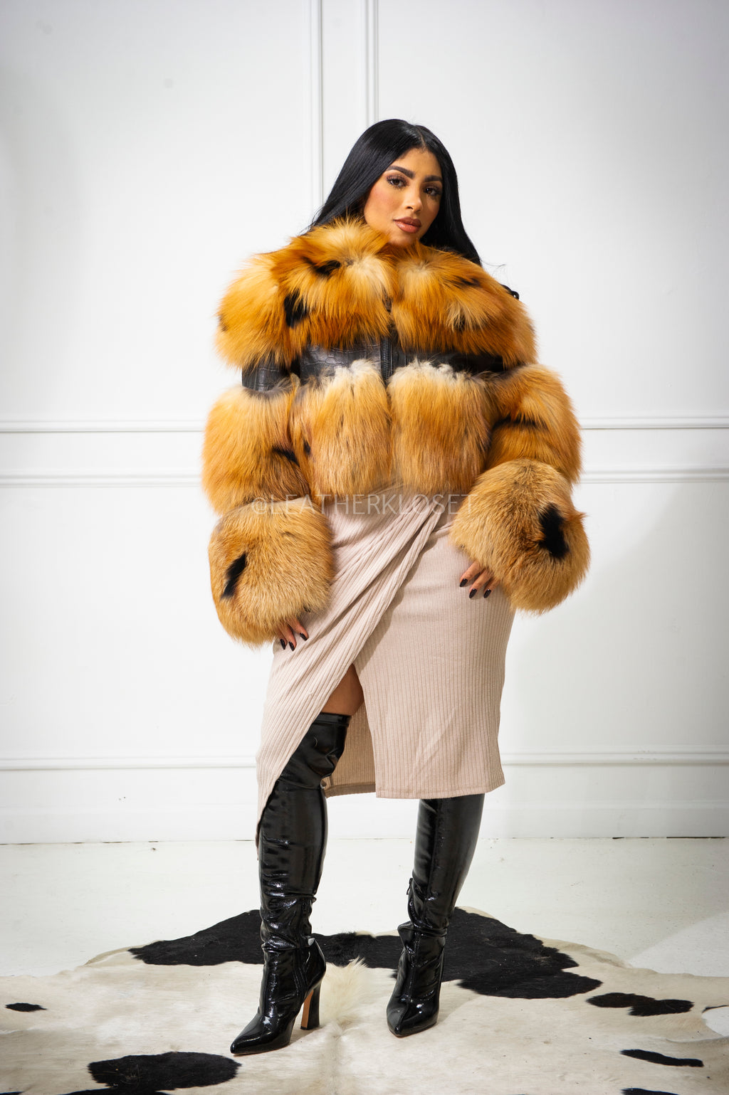 Women's Ariel Leather And Fox Combo Jacket [Black/Gold]