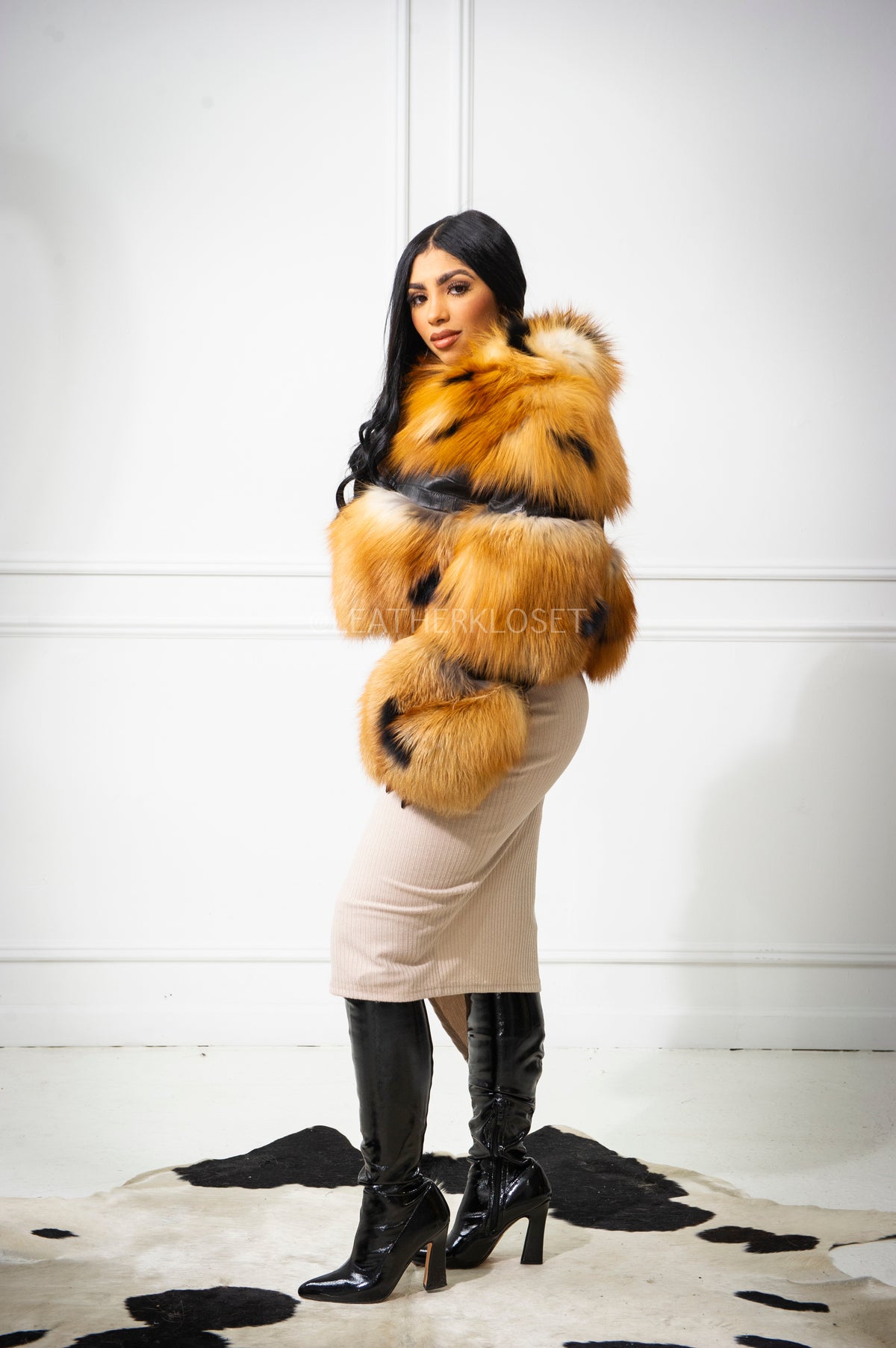 Women's Ariel Leather And Fox Combo Jacket [Black/Gold]