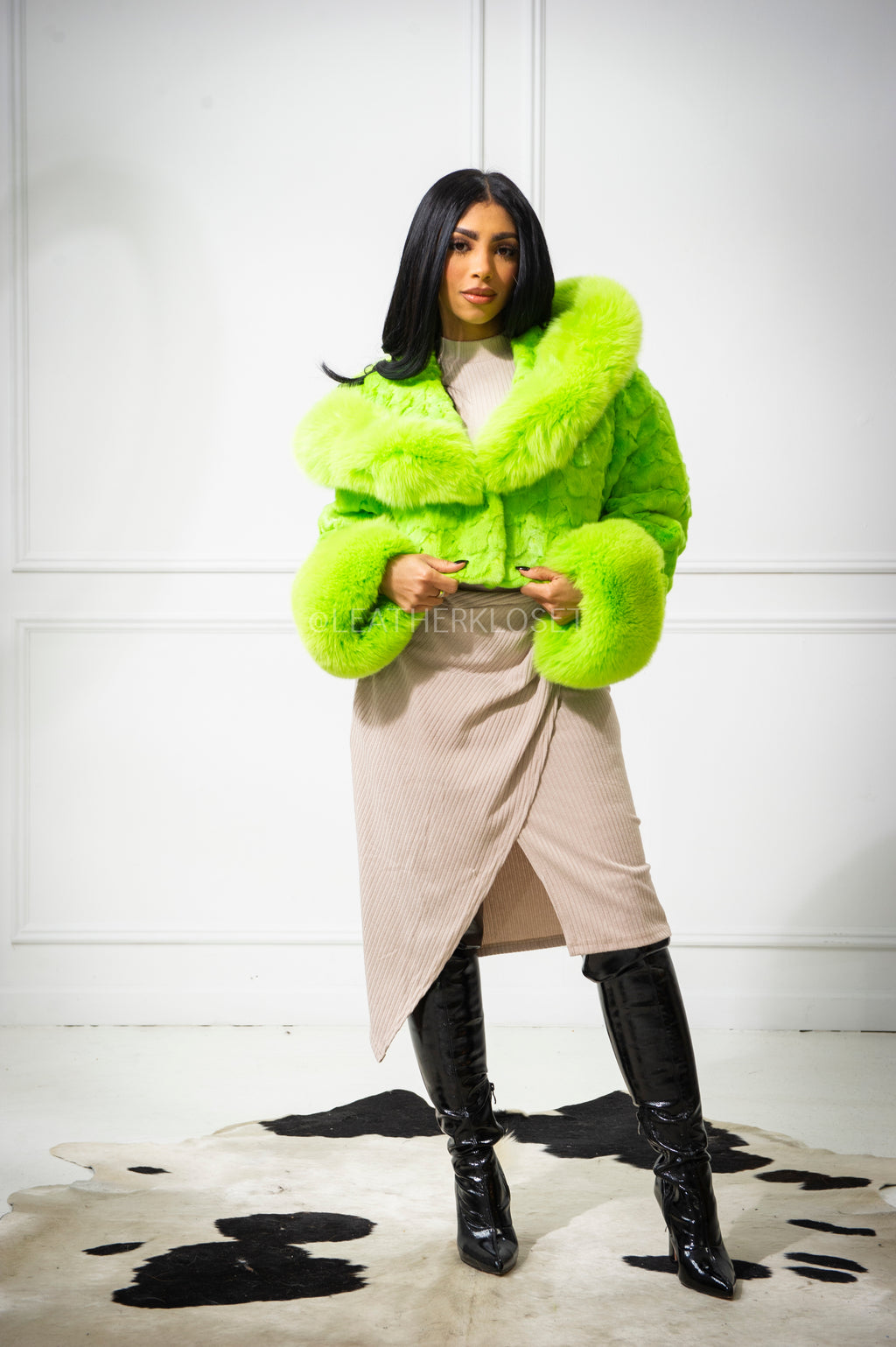 Women's Cropped Mink Fur Bomber with Fox Fur Hood — Lime Green