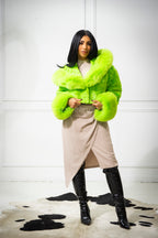 Women's Cropped Mink Fur Bomber with Fox Fur Hood — Lime Green