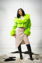 Women's Cropped Mink Fur Bomber with Fox Fur Hood — Lime Green