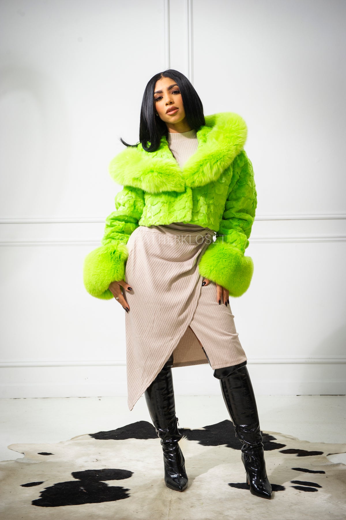 Women's Cropped Mink Fur Bomber with Fox Fur Hood — Lime Green
