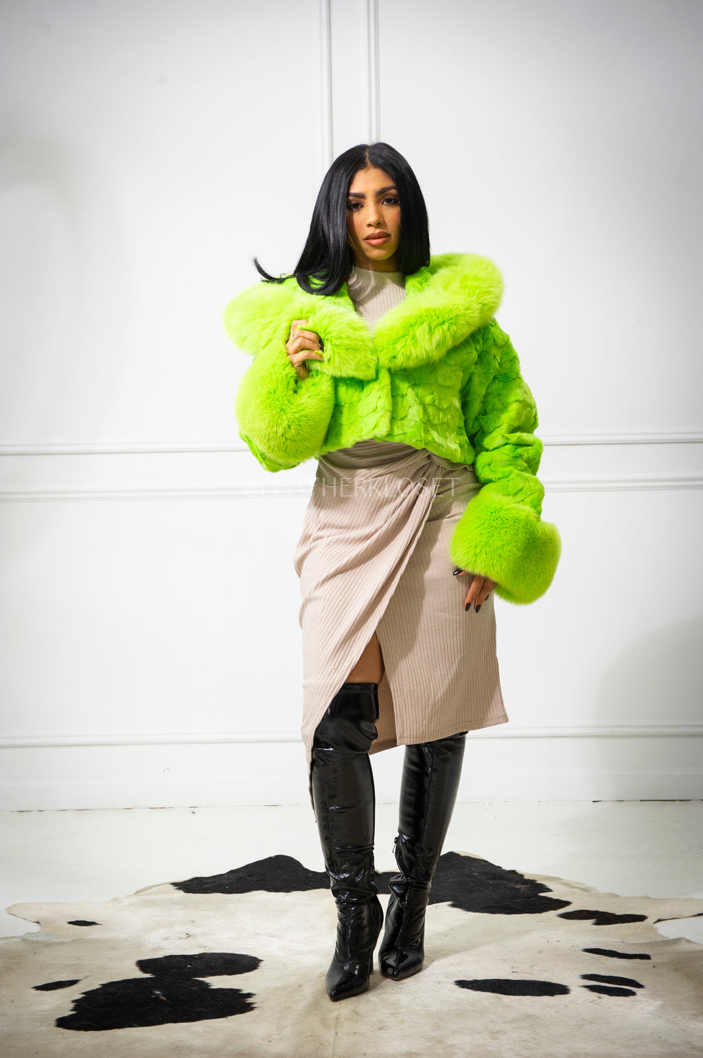 Women's Cropped Mink Fur Bomber with Fox Fur Hood — Lime Green