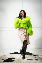 Women's Cropped Mink Fur Bomber with Fox Fur Hood — Lime Green