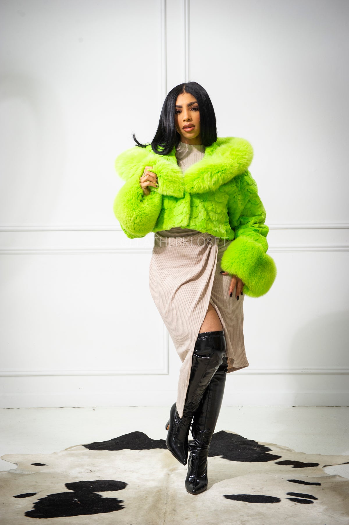 Women's Cropped Mink Fur Bomber with Fox Fur Hood — Lime Green