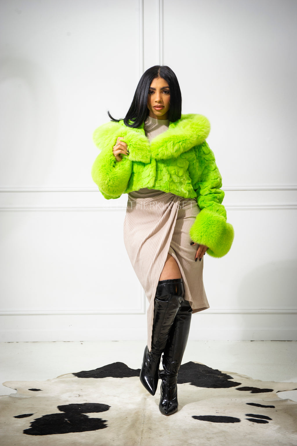 Women's Cropped Mink Fur Bomber with Fox Fur Hood — Lime Green