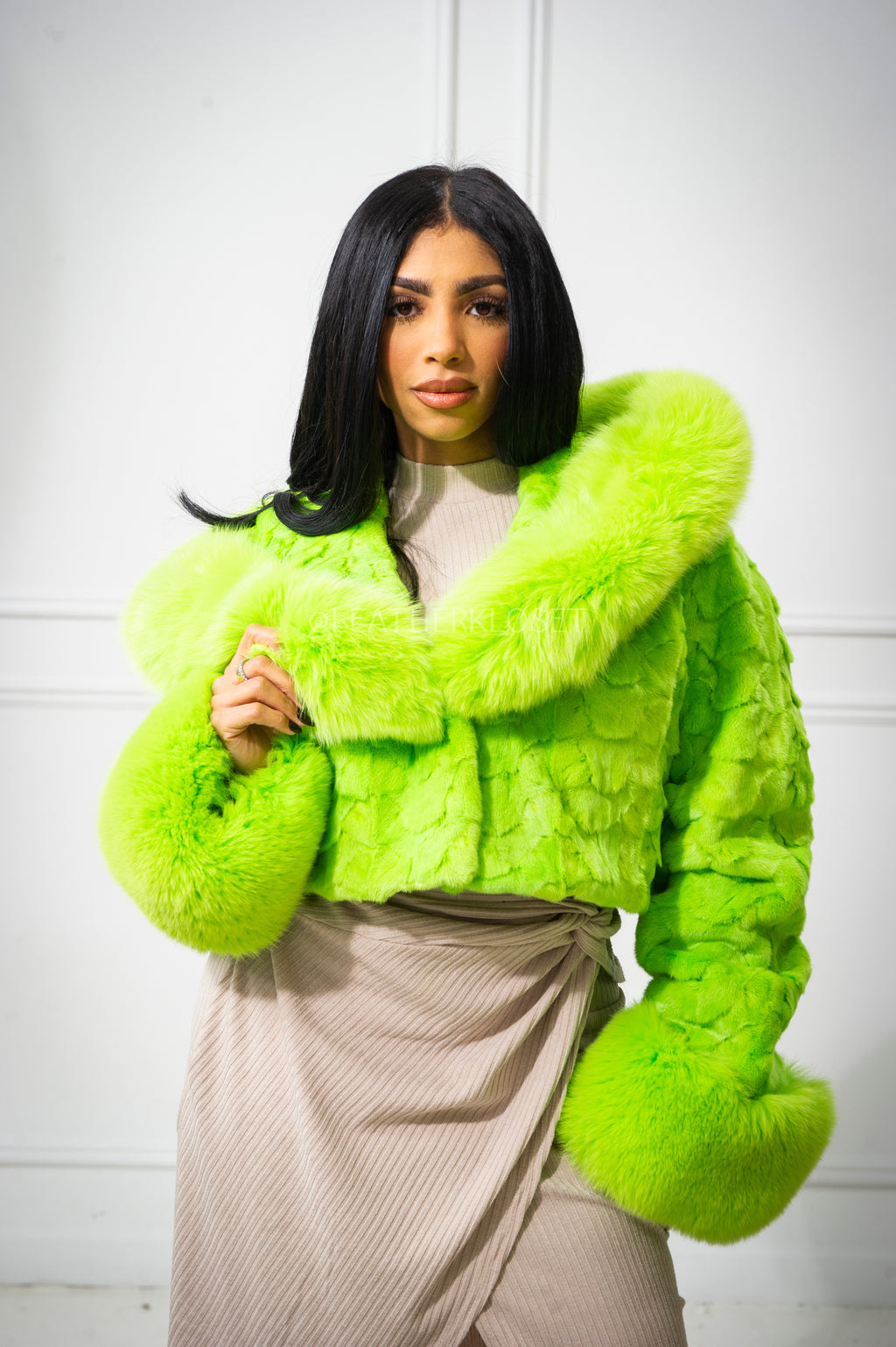 Women's Cropped Mink Fur Bomber with Fox Fur Hood — Lime Green