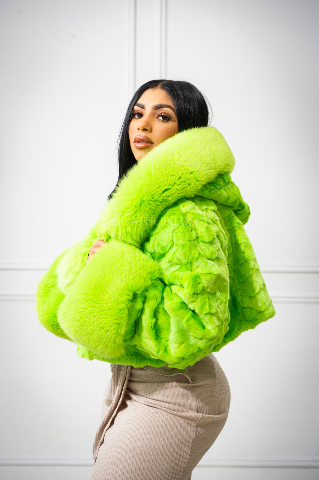 Women's Cropped Mink Fur Bomber with Fox Fur Hood — Lime Green