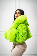 Women's Cropped Mink Fur Bomber with Fox Fur Hood — Lime Green